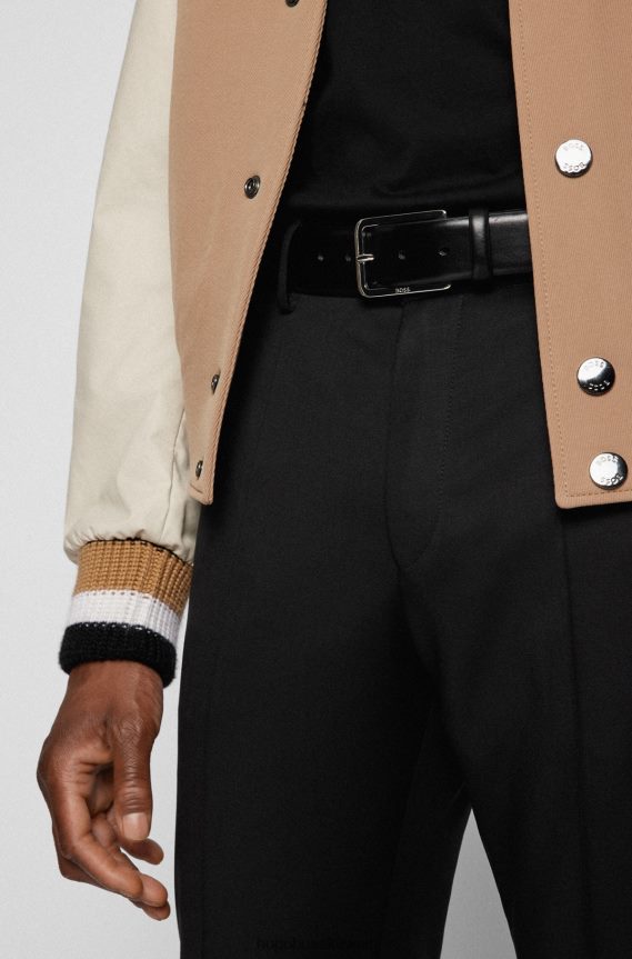 4TFNJN5666 أسود Hugo Boss حزام من الجلد الإيطالي بإبزيم دبوسي مصقول باللون الأسود