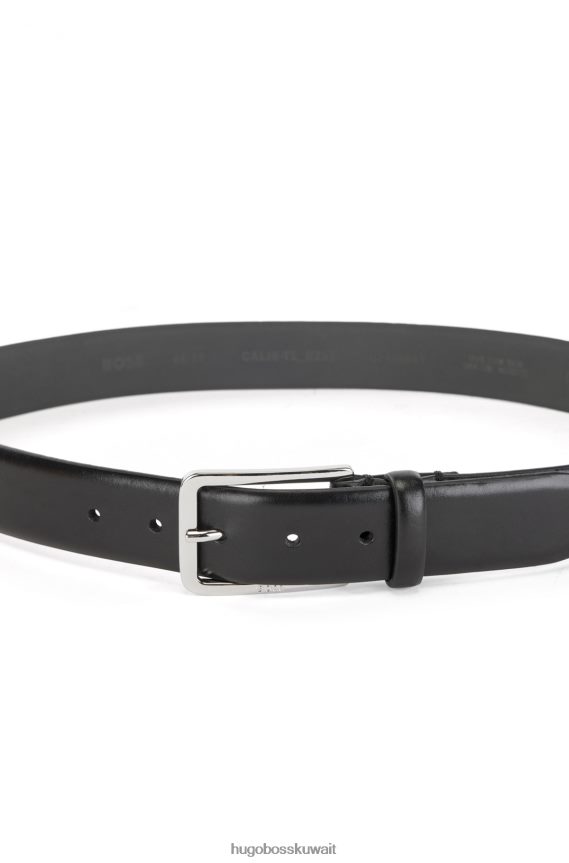 4TFNJN5666 أسود Hugo Boss حزام من الجلد الإيطالي بإبزيم دبوسي مصقول باللون الأسود