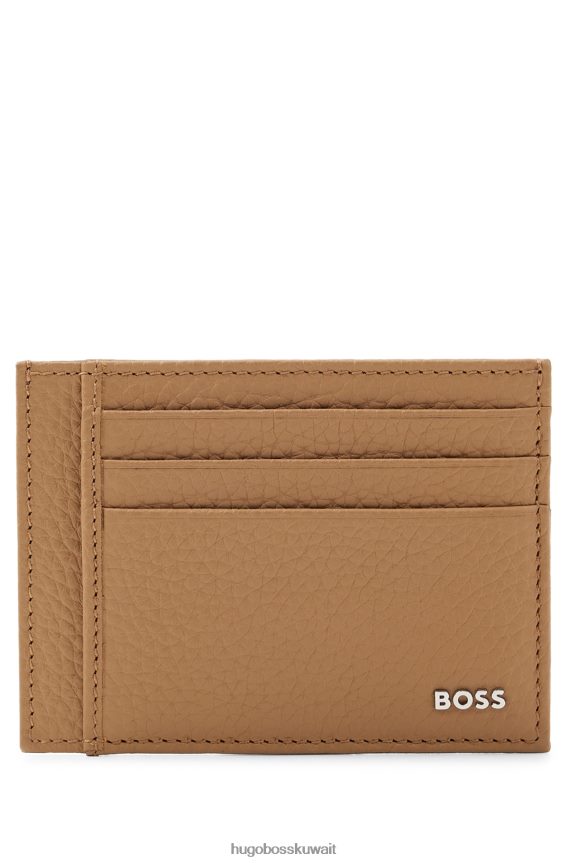 4TFNJN5686 اللون البيج Hugo Boss حافظة بطاقات من الجلد الإيطالي باللون البيج مع شعار هوغو بتأثير فضي