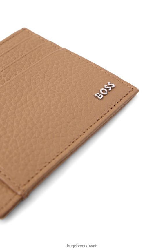 4TFNJN5686 اللون البيج Hugo Boss حافظة بطاقات من الجلد الإيطالي باللون البيج مع شعار هوغو بتأثير فضي