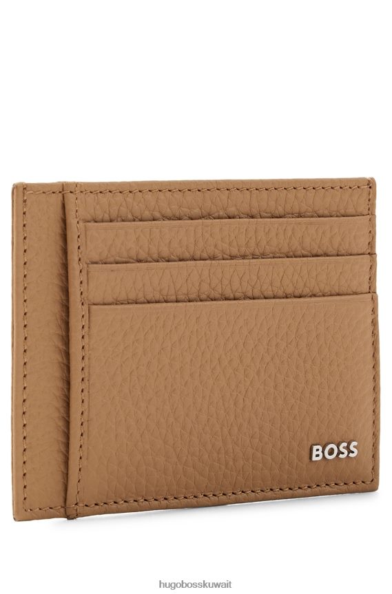 4TFNJN5686 اللون البيج Hugo Boss حافظة بطاقات من الجلد الإيطالي باللون البيج مع شعار هوغو بتأثير فضي