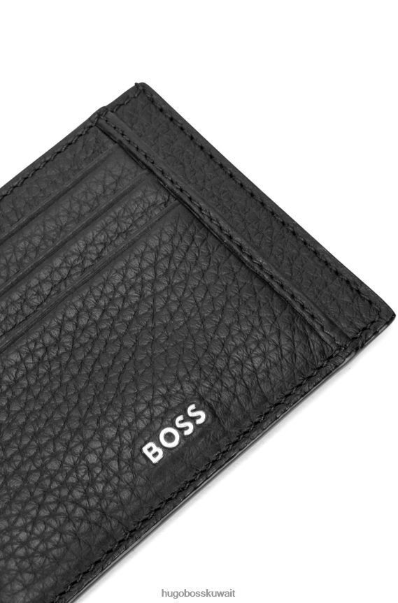 4TFNJN5687 أسود Hugo Boss حافظة بطاقات من الجلد الإيطالي مع شعار Hugo باللون الفضي باللون الأسود
