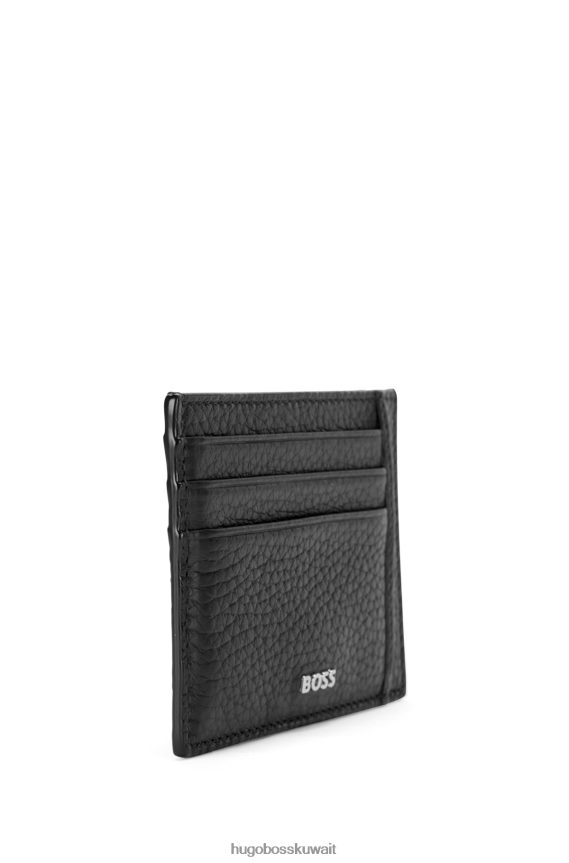 4TFNJN5687 أسود Hugo Boss حافظة بطاقات من الجلد الإيطالي مع شعار Hugo باللون الفضي باللون الأسود