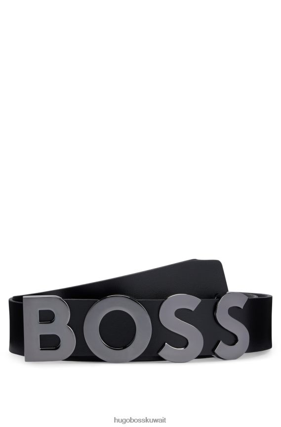 4TFNJN5691 أسود Hugo Boss حزام من الجلد الإيطالي مع إبزيم بلوحة الشعار باللون الأسود من هوغو