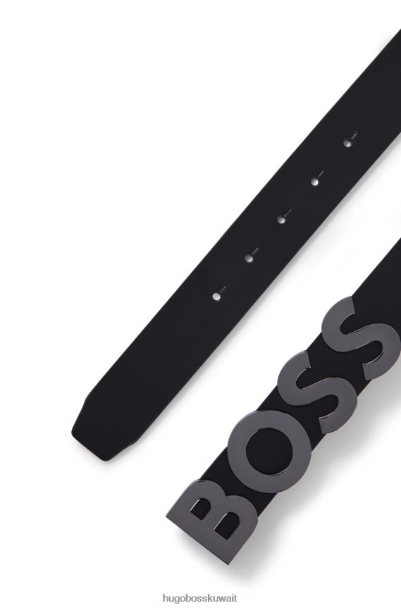 4TFNJN5691 أسود Hugo Boss حزام من الجلد الإيطالي مع إبزيم بلوحة الشعار باللون الأسود من هوغو