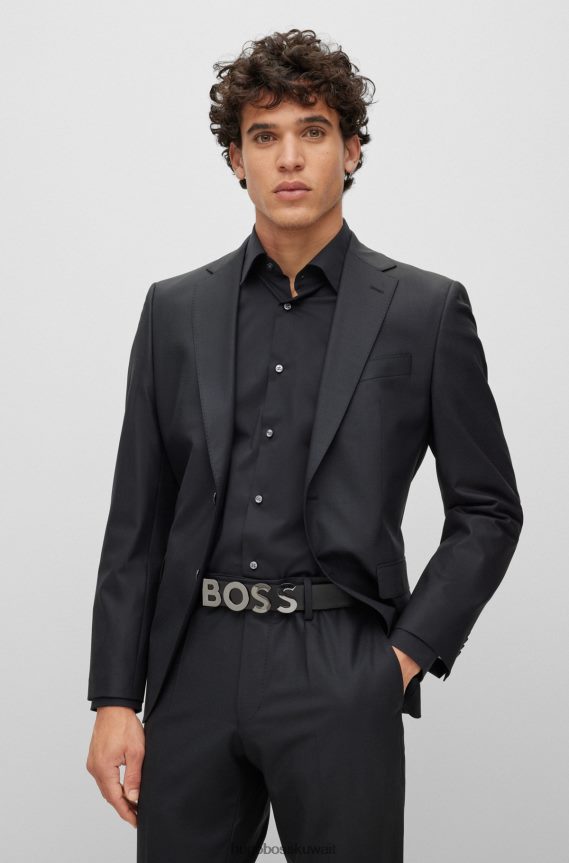 4TFNJN5691 أسود Hugo Boss حزام من الجلد الإيطالي مع إبزيم بلوحة الشعار باللون الأسود من هوغو