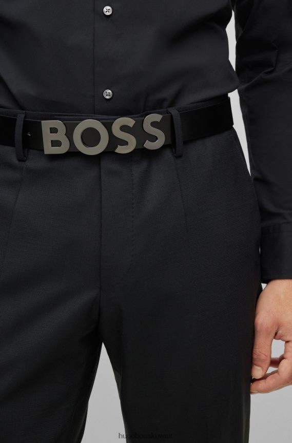 4TFNJN5691 أسود Hugo Boss حزام من الجلد الإيطالي مع إبزيم بلوحة الشعار باللون الأسود من هوغو