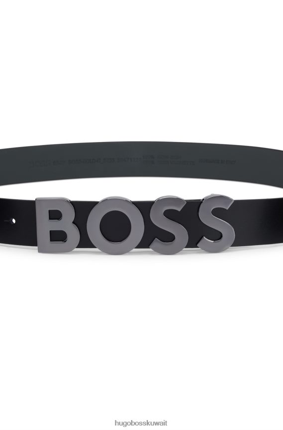 4TFNJN5691 أسود Hugo Boss حزام من الجلد الإيطالي مع إبزيم بلوحة الشعار باللون الأسود من هوغو