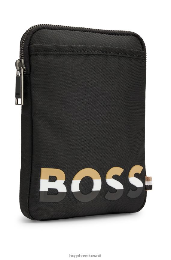 4TFNJN5696 أسود Hugo Boss حقيبة هوغو للرقبة مع حزام مخطط وشعار باللون الأسود