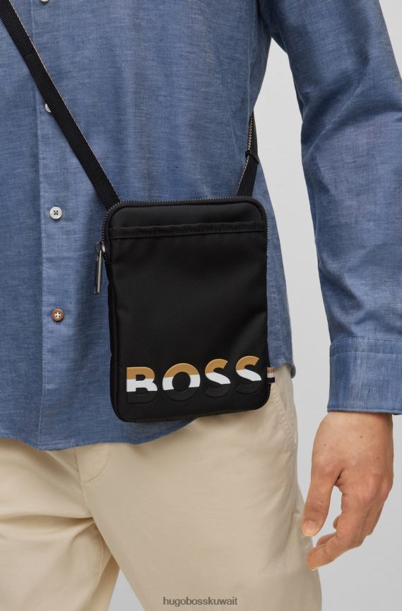 4TFNJN5696 أسود Hugo Boss حقيبة هوغو للرقبة مع حزام مخطط وشعار باللون الأسود