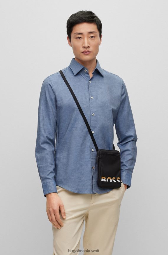 4TFNJN5696 أسود Hugo Boss حقيبة هوغو للرقبة مع حزام مخطط وشعار باللون الأسود