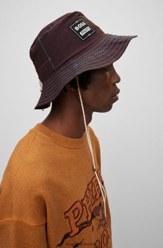 4TFNJN5702 احمر غامق Hugo Boss × قبعة دلو قطنية من phipps مصنوعة من مواد متبقية معاد تصنيعها