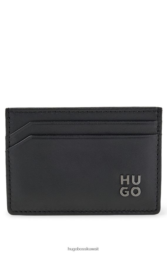 4TFNJN5704 أسود Hugo Boss حامل بطاقات هوغو من الجلد المحبب مع شعار مكدس باللون الأسود