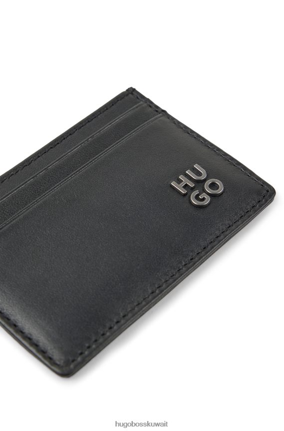4TFNJN5704 أسود Hugo Boss حامل بطاقات هوغو من الجلد المحبب مع شعار مكدس باللون الأسود