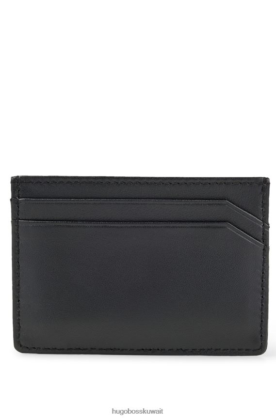 4TFNJN5704 أسود Hugo Boss حامل بطاقات هوغو من الجلد المحبب مع شعار مكدس باللون الأسود