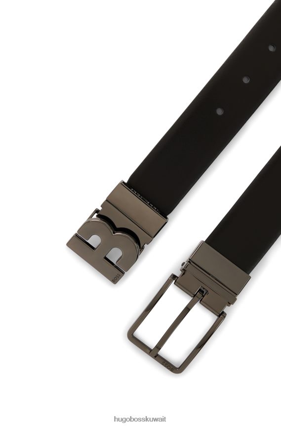 4TFNJN5706 أسود Hugo Boss حزام من الجلد الإيطالي ذو وجهين باللون الأسود مع حرف واحد فقط وإبزيم هوغو