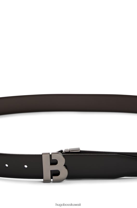 4TFNJN5706 أسود Hugo Boss حزام من الجلد الإيطالي ذو وجهين باللون الأسود مع حرف واحد فقط وإبزيم هوغو