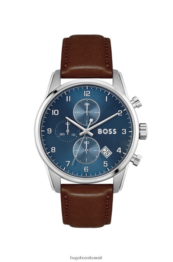 4TFNJN5731 حزمة مسبقة متنوعة Hugo Boss ساعة كرونوغراف متنوعة بمينا أزرق وحزام جلدي بني