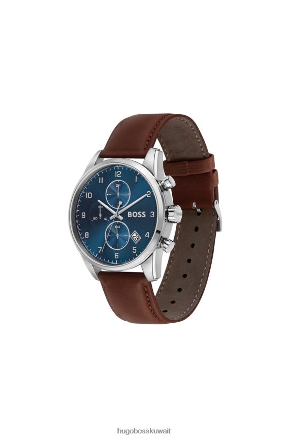 4TFNJN5731 حزمة مسبقة متنوعة Hugo Boss ساعة كرونوغراف متنوعة بمينا أزرق وحزام جلدي بني