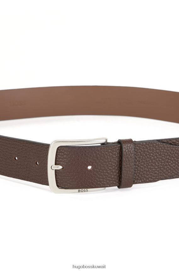 4TFNJN5742 بني غامق Hugo Boss حزام هوغو من الجلد الإيطالي المحبب مع إبزيم يحمل العلامة التجارية باللون البني الداكن
