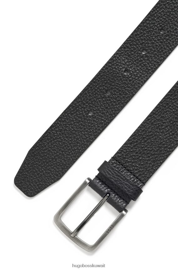 4TFNJN5743 أسود Hugo Boss حزام من الجلد الإيطالي المحبب مع مشبك هوغو أسود يحمل العلامة التجارية