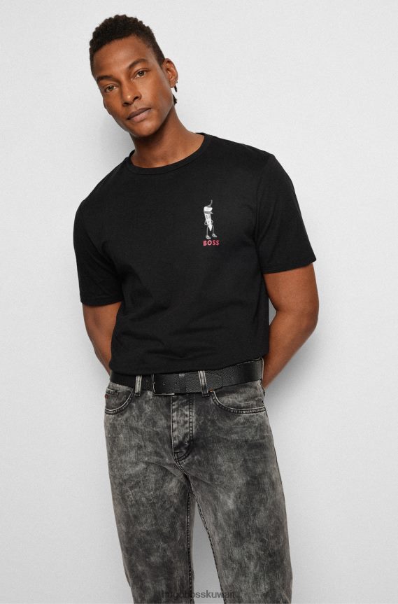 4TFNJN5743 أسود Hugo Boss حزام من الجلد الإيطالي المحبب مع مشبك هوغو أسود يحمل العلامة التجارية