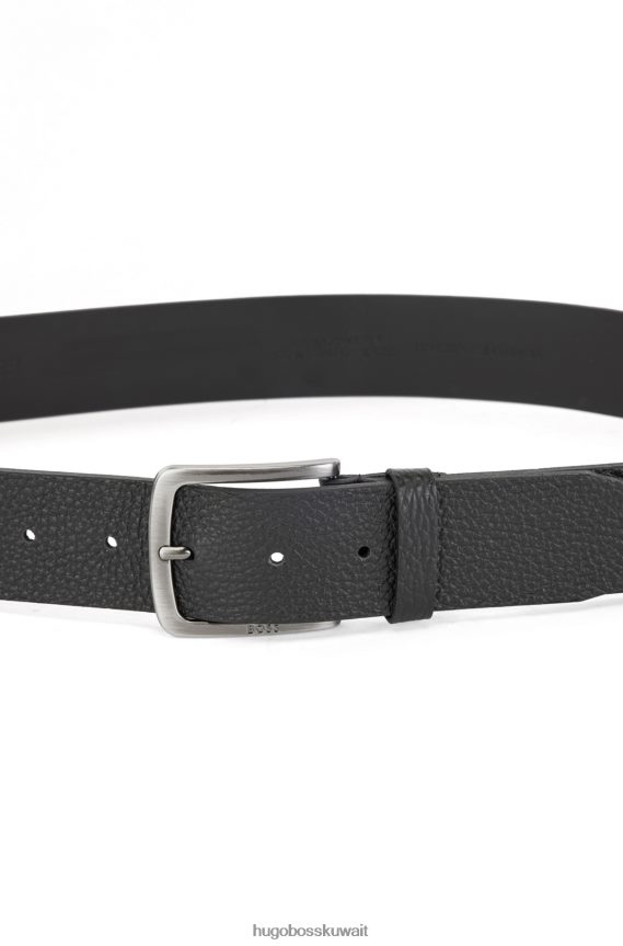 4TFNJN5743 أسود Hugo Boss حزام من الجلد الإيطالي المحبب مع مشبك هوغو أسود يحمل العلامة التجارية