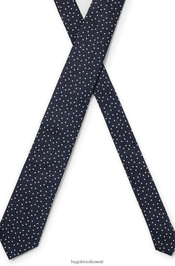 4TFNJN5747 أزرق غامق Hugo Boss ربطة عنق من حرير الجاكار مع زخارف منقطة بالكامل باللون الأزرق الداكن