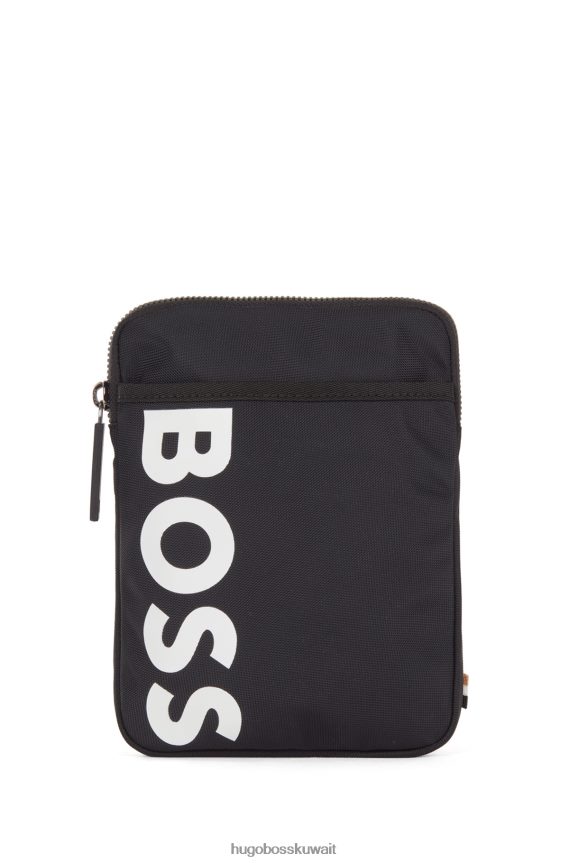 4TFNJN5752 أسود Hugo Boss حقيبة عنق سوداء من النايلون المعاد تدويره مع شعار Hugo اللامع
