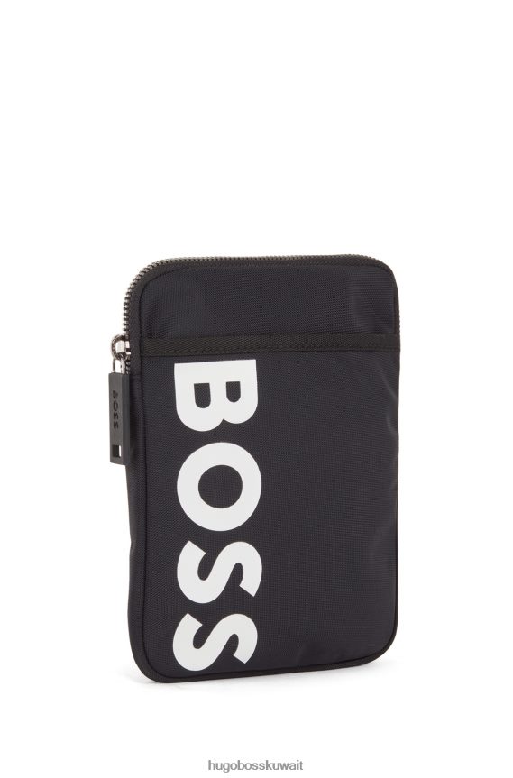 4TFNJN5752 أسود Hugo Boss حقيبة عنق سوداء من النايلون المعاد تدويره مع شعار Hugo اللامع