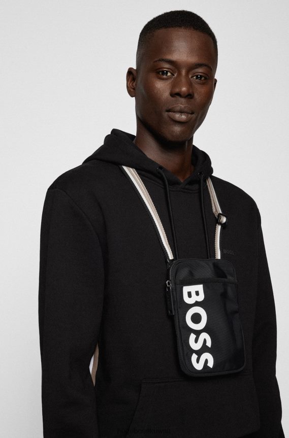 4TFNJN5752 أسود Hugo Boss حقيبة عنق سوداء من النايلون المعاد تدويره مع شعار Hugo اللامع