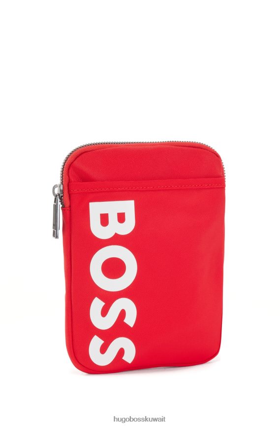 4TFNJN5753 أحمر Hugo Boss حقيبة رقبة من النايلون المعاد تدويره مع شعار هوغو باللون الأحمر اللامع