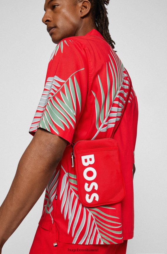 4TFNJN5753 أحمر Hugo Boss حقيبة رقبة من النايلون المعاد تدويره مع شعار هوغو باللون الأحمر اللامع