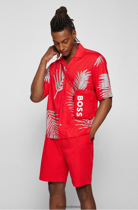 4TFNJN5753 أحمر Hugo Boss حقيبة رقبة من النايلون المعاد تدويره مع شعار هوغو باللون الأحمر اللامع