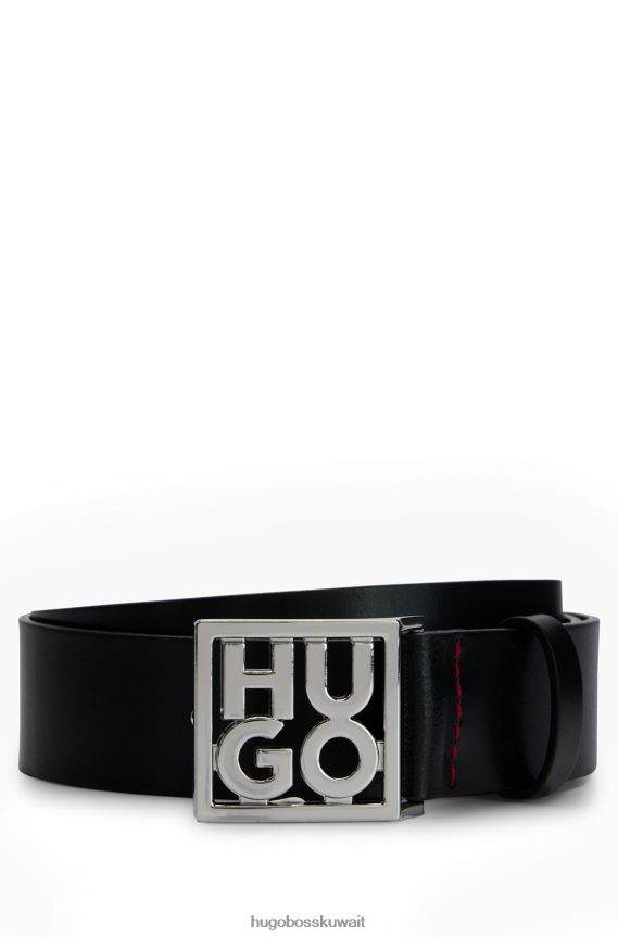 4TFNJN5757 أسود Hugo Boss حزام هوغو من الجلد الإيطالي مع مشبك شعار مكدس باللون الأسود