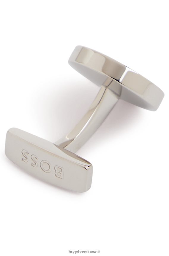 4TFNJN5765 فضة Hugo Boss أزرار أكمام هوغو مستديرة مع مينا منقوشة بشكل دقيق وإبزيم فضي ثابت