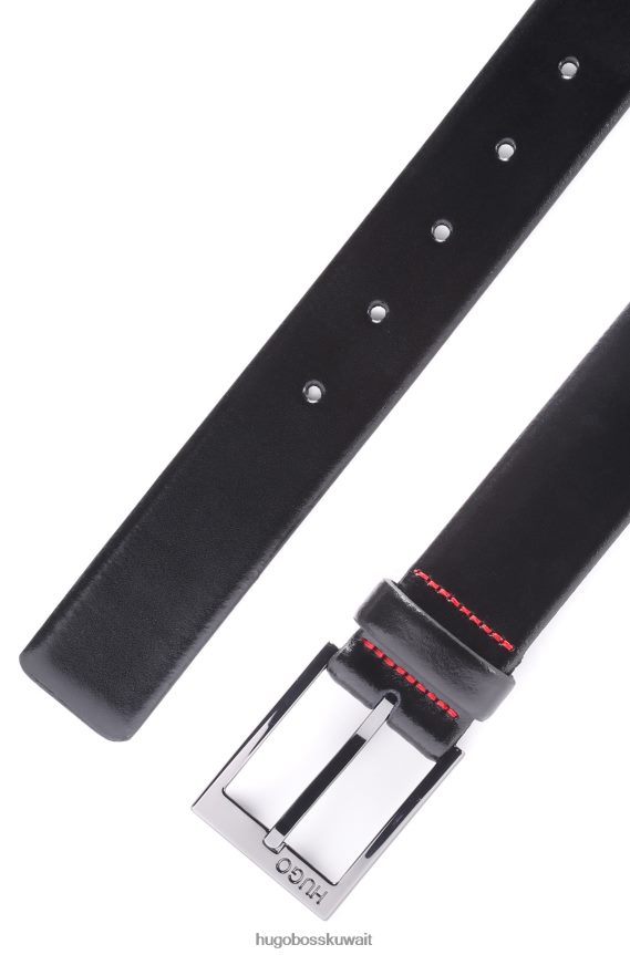 4TFNJN5770 أسود Hugo Boss حزام هوغو من الجلد الإيطالي باللون الأسود مع أجزاء معدنية مصقولة