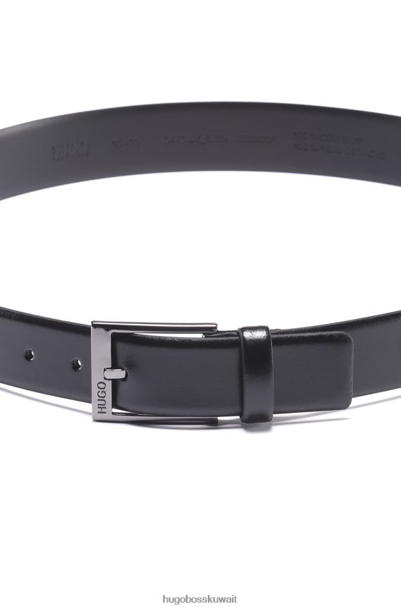 4TFNJN5770 أسود Hugo Boss حزام هوغو من الجلد الإيطالي باللون الأسود مع أجزاء معدنية مصقولة