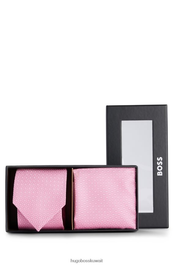 4TFNJN5771 وردي فاتح Hugo Boss طقم ربطة عنق ومنديل جيب من قماش الجاكار الحريري بنقشات دقيقة من هوغو، وردي فاتح