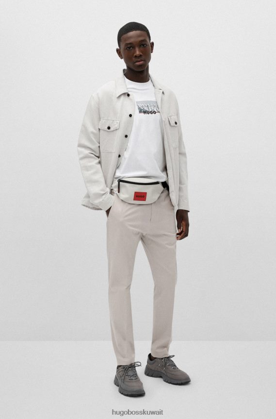 4TFNJN5773 أبيض Hugo Boss حقيبة حزام بيضاء من النايلون المعاد تدويره مع ملصق شعار هوغو باللون الأحمر