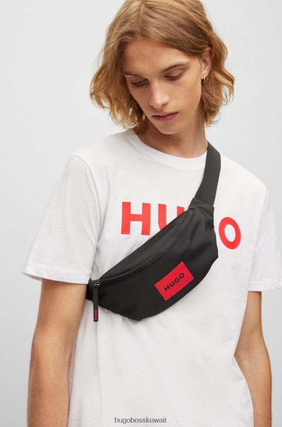 4TFNJN5774 أسود Hugo Boss حقيبة حزام من النايلون المعاد تدويره مع ملصق شعار أحمر اللون باللون الأسود