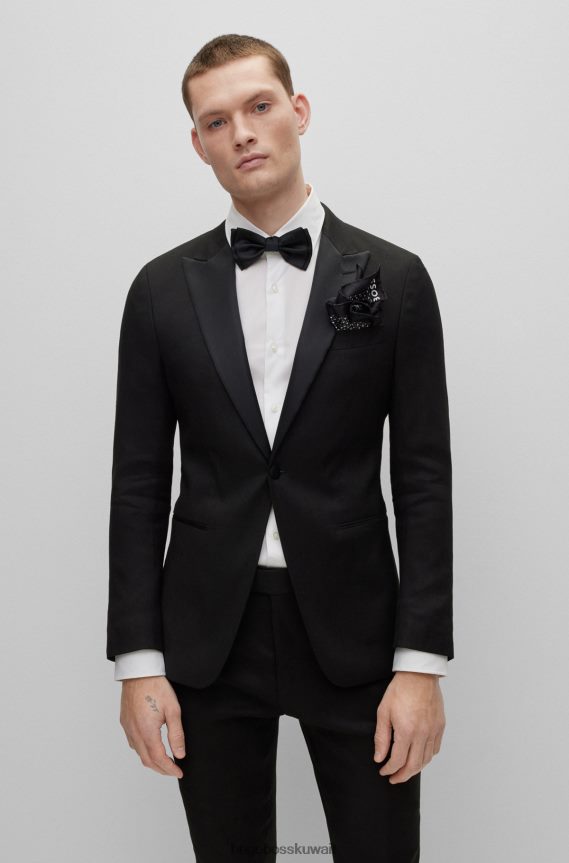 4TFNJN5794 أسود Hugo Boss مربع جيب من الحرير الأسود مع طباعة رقمية وشعار هوغو