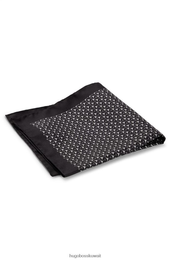 4TFNJN5794 أسود Hugo Boss مربع جيب من الحرير الأسود مع طباعة رقمية وشعار هوغو