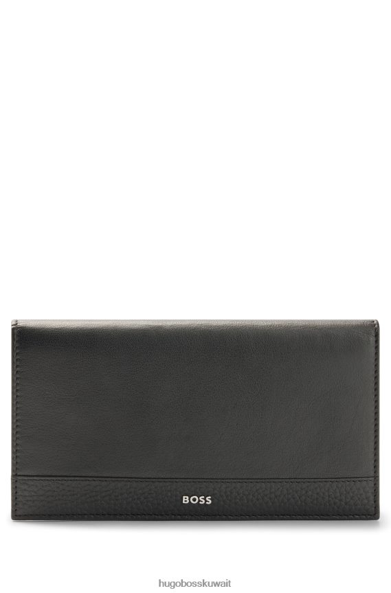 4TFNJN5804 أسود Hugo Boss محفظة طويلة من الجلد من هوغو مع حروف شعار فضية اللون باللون الأسود