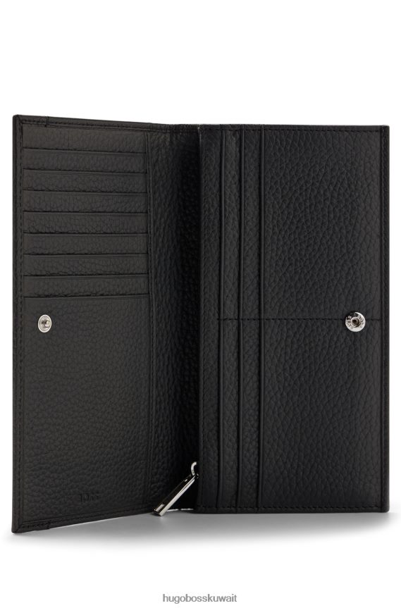 4TFNJN5804 أسود Hugo Boss محفظة طويلة من الجلد من هوغو مع حروف شعار فضية اللون باللون الأسود