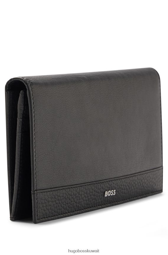 4TFNJN5804 أسود Hugo Boss محفظة طويلة من الجلد من هوغو مع حروف شعار فضية اللون باللون الأسود