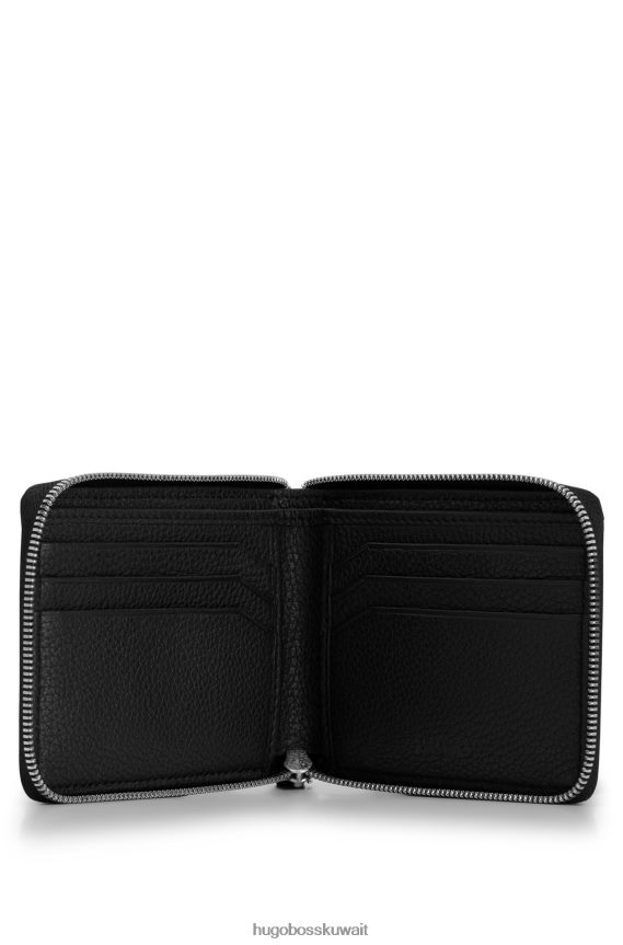 4TFNJN5806 أسود Hugo Boss محفظة بسحاب من الجلد المحبب باللون الأسود مع شعار Hugo مكدس