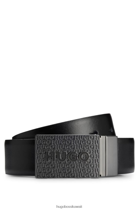 4TFNJN5817 أسود Hugo Boss حزام هوغو ذو وجهين من الجلد الإيطالي مزود بإبزيم دبوس ولوحة باللون الأسود