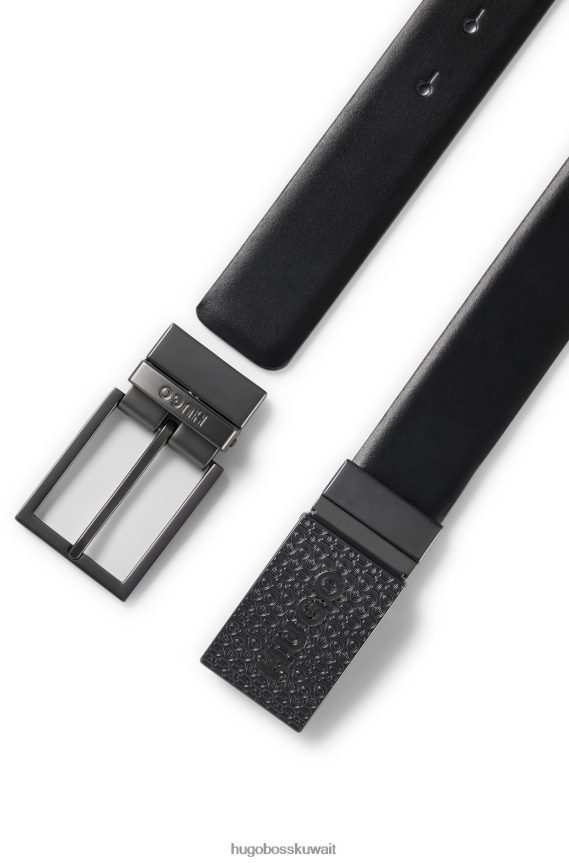 4TFNJN5817 أسود Hugo Boss حزام هوغو ذو وجهين من الجلد الإيطالي مزود بإبزيم دبوس ولوحة باللون الأسود