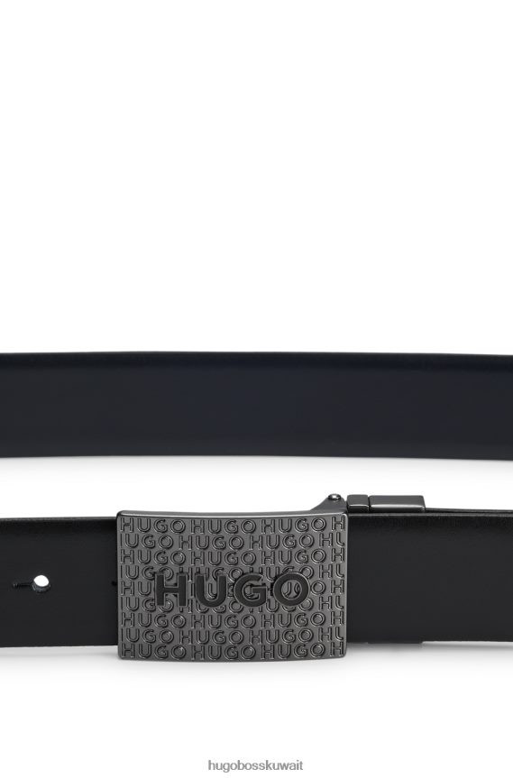 4TFNJN5817 أسود Hugo Boss حزام هوغو ذو وجهين من الجلد الإيطالي مزود بإبزيم دبوس ولوحة باللون الأسود